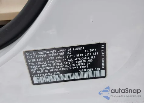 2018 Volkswagen Passat 2.0T R-Line/2.0T S from USA, damaged, VIN 1VWAA7A30JC016909